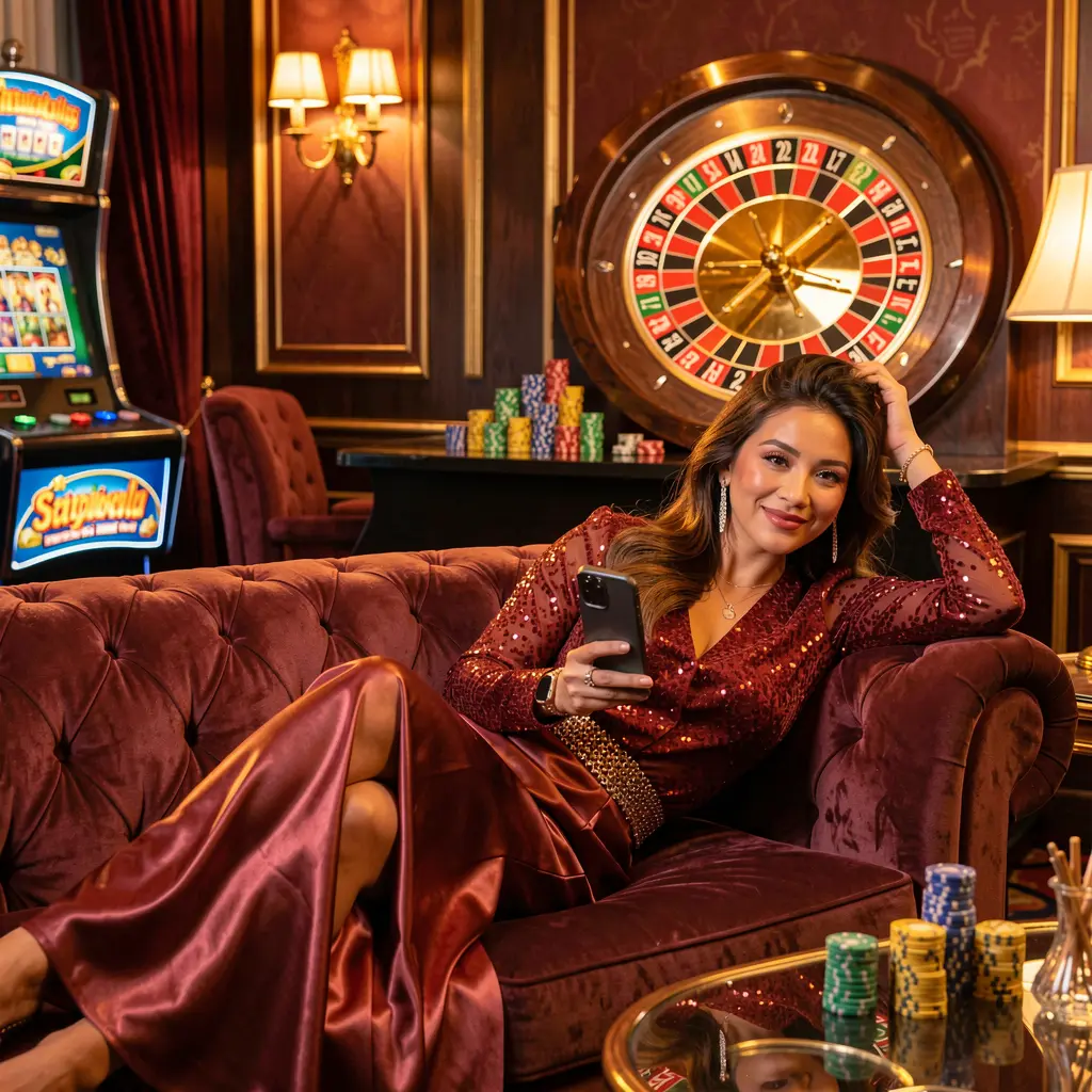 Confident Malaysian woman relaxing on a luxury sofa while using the ONG66MY casino app with a glowing roulette wheel and casino chips behind her