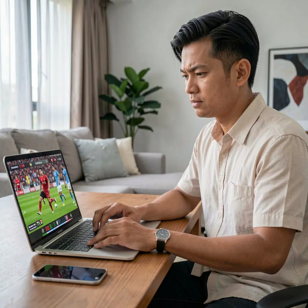 Focused Malaysian sports bettor analyzing live soccer odds on a laptop at home using the ONG66MY betting platform