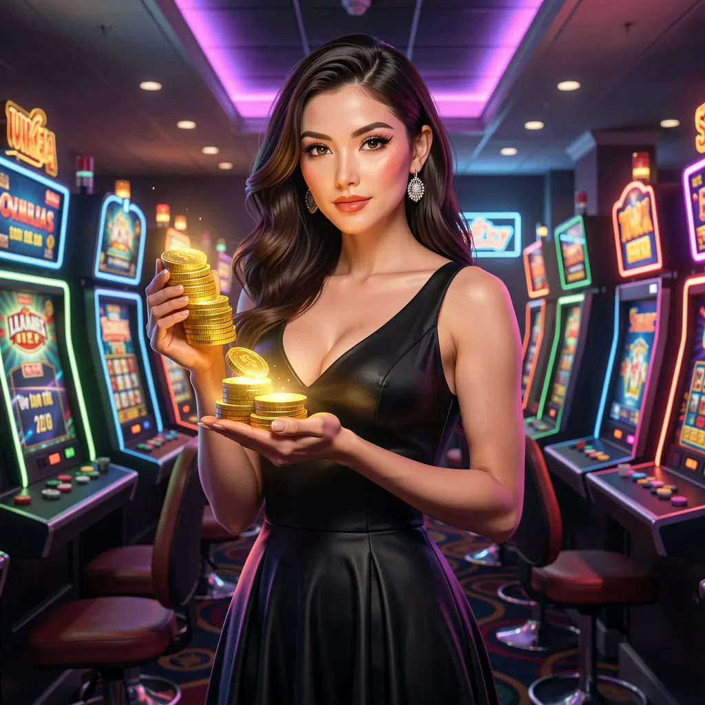 Elegant woman holding casino chips in a neon lit gaming environment representing the premium online casino experience at ONG66MY for players in Malaysia