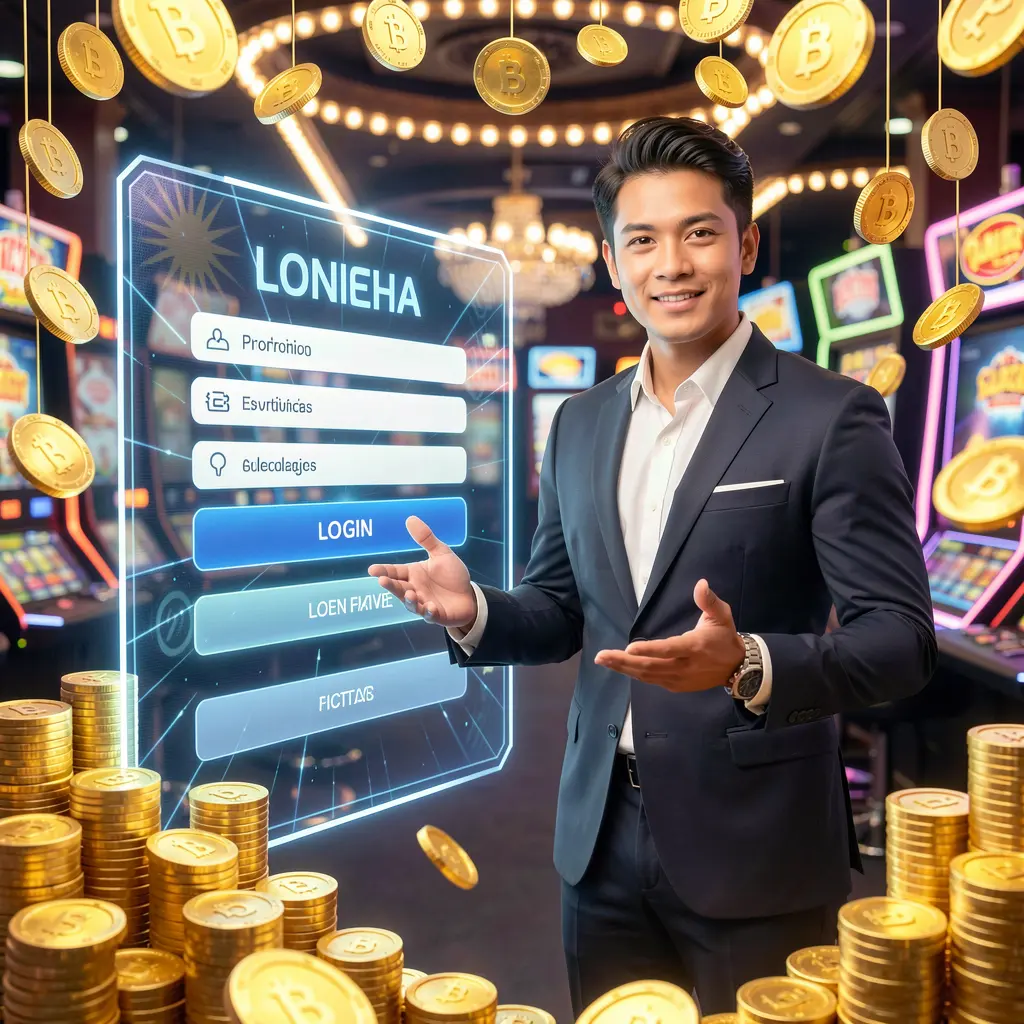 Stylish Malaysian live casino dealer presenting a holographic login interface surrounded by golden coins highlighting trust and innovation at ONG66MY