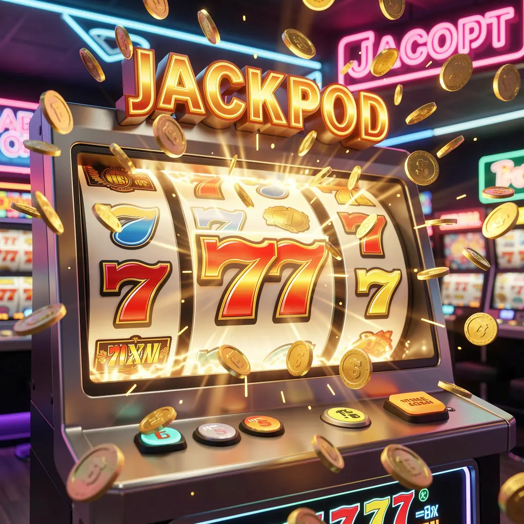 A luxurious slot machine displaying triple sevens with golden coins bursting around it highlighting the premium slot experience at ONG66MY for players in Malaysia